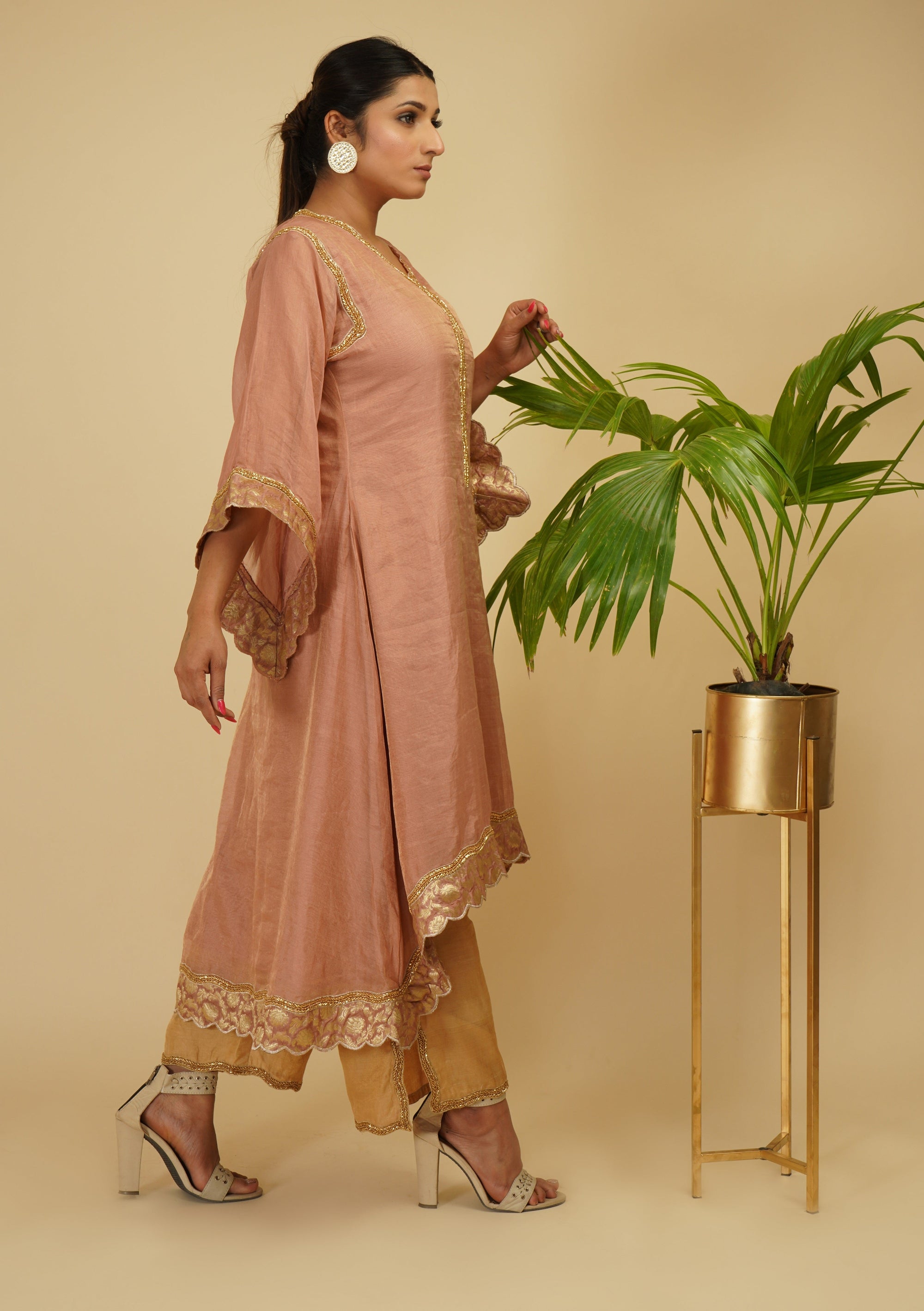 Peachish Pink 3 Piece Kaftaan Kurta Set - indian wear for ladies