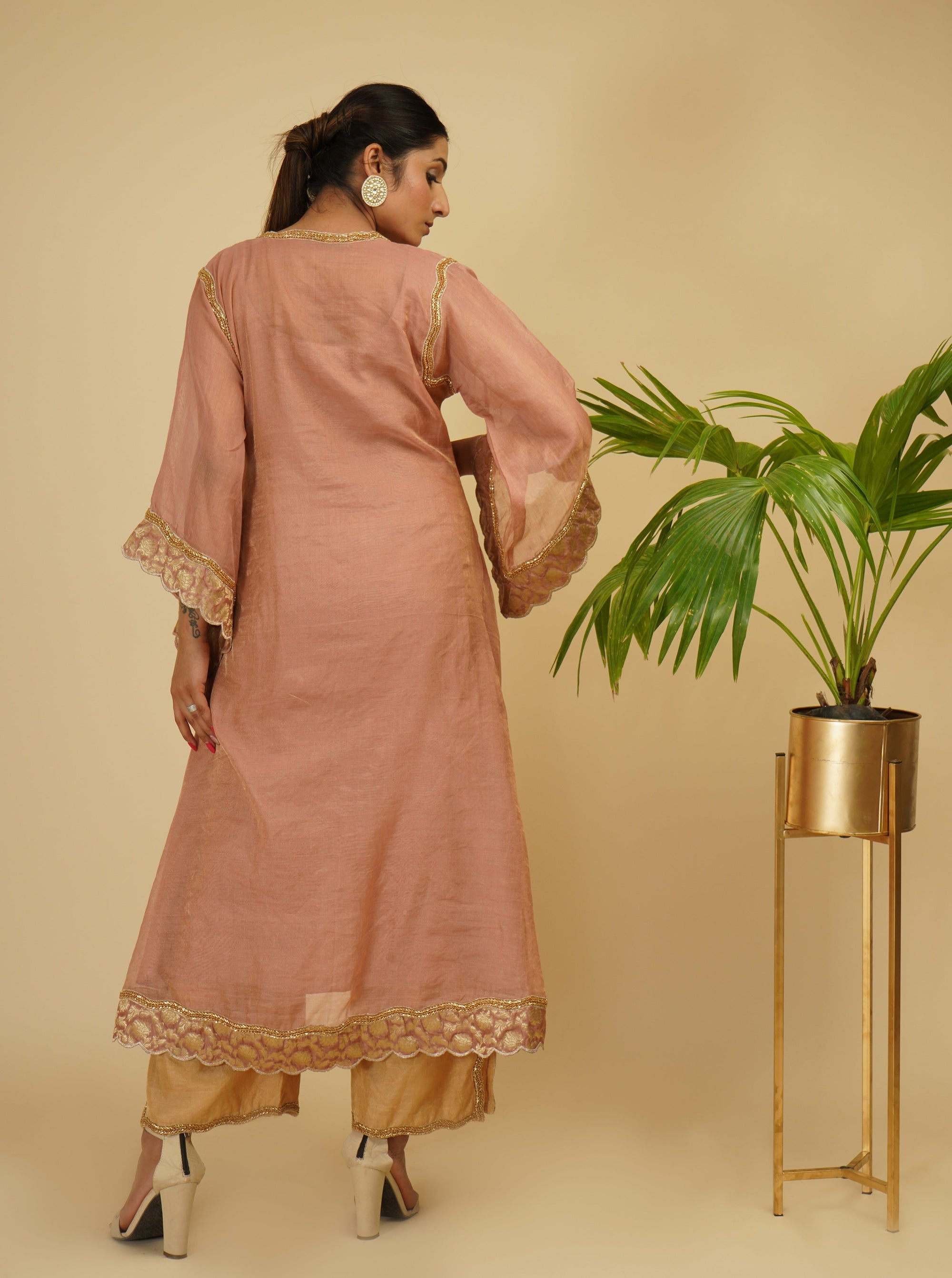 Peachish Pink 3 Piece Kaftaan Kurta Set - indian wear for ladies