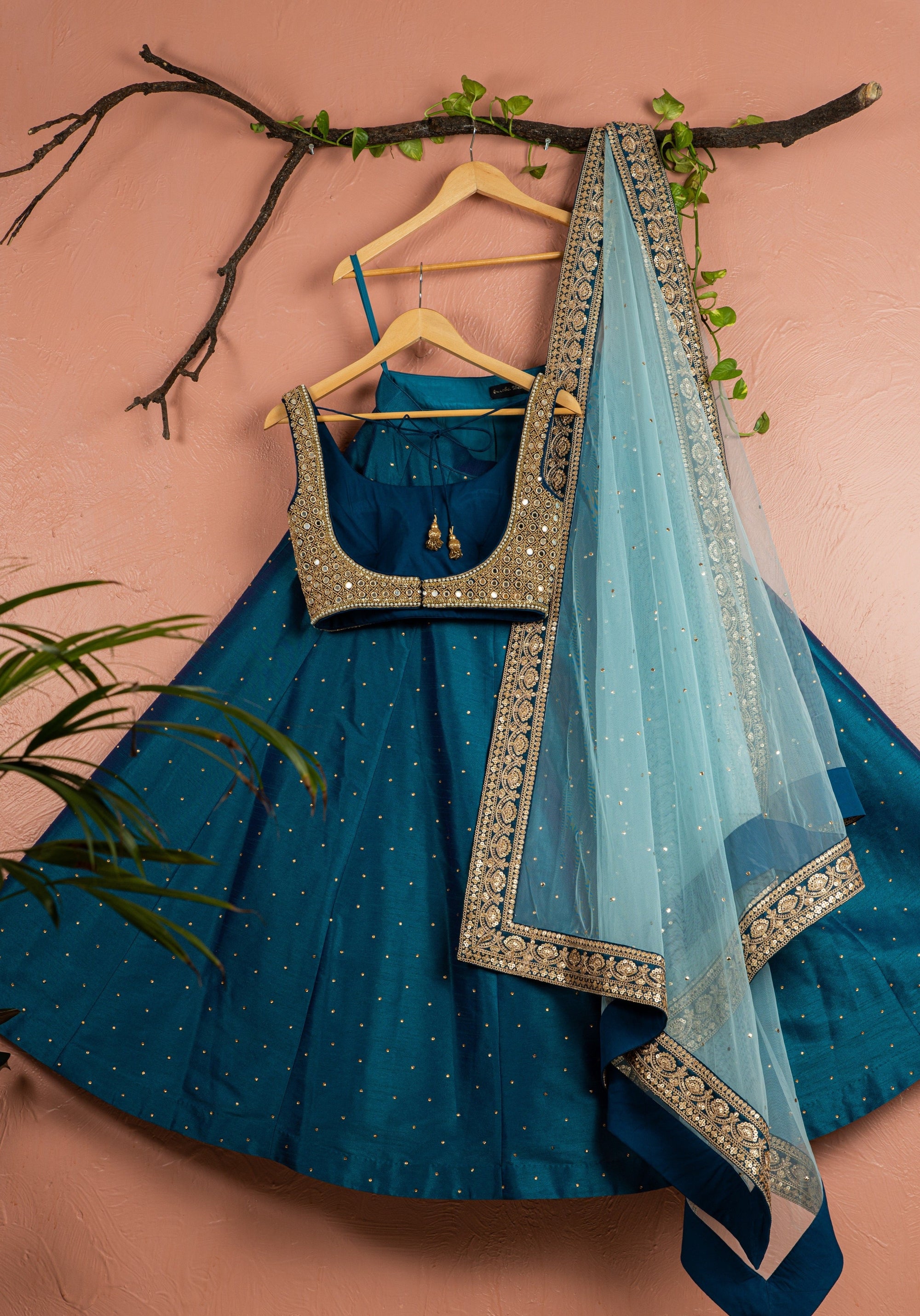 Peacock Blue Lehenga With Mirrorwork And Sky Blue Dupatta - blue lehenga