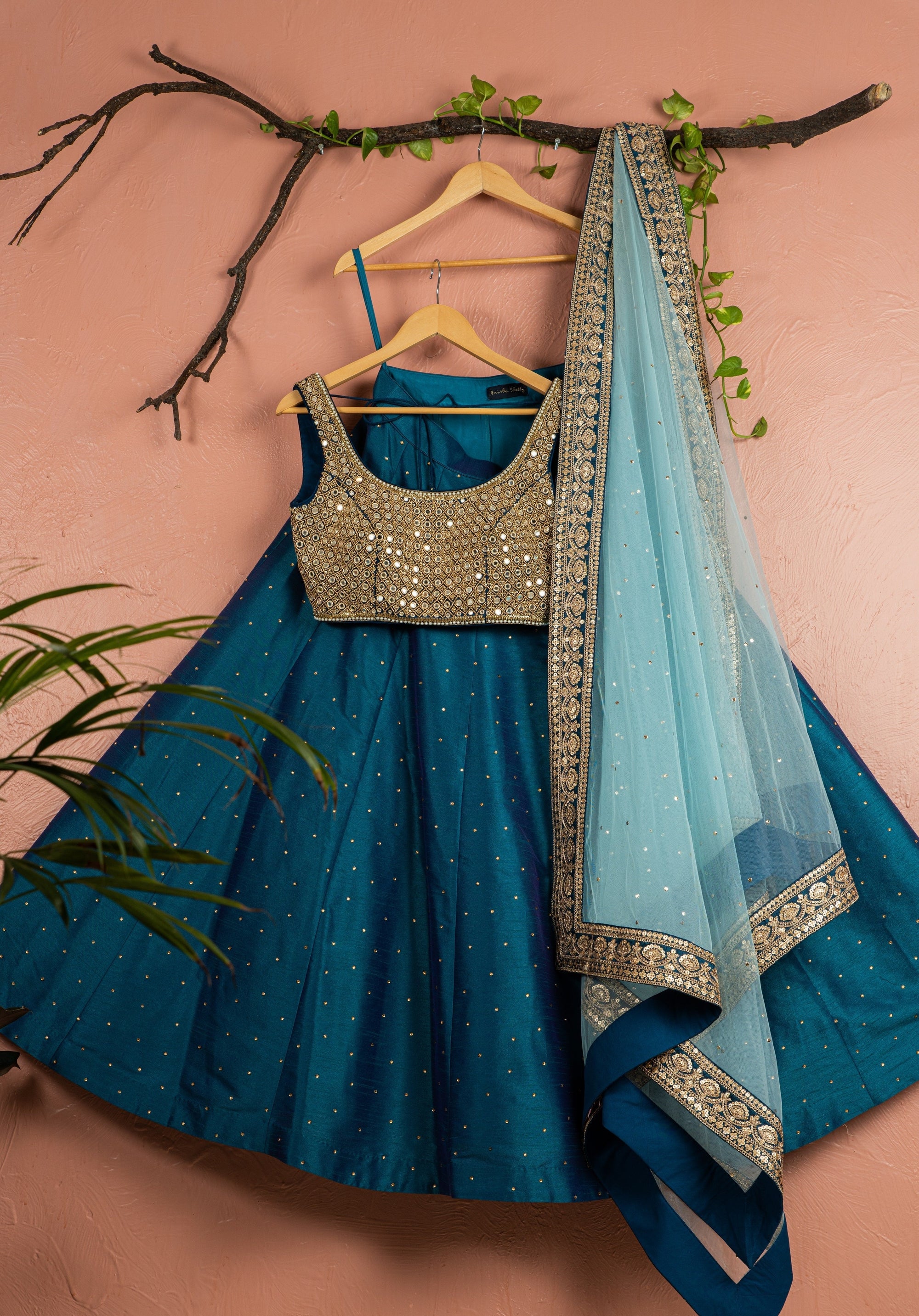 Peacock Blue Lehenga With Mirrorwork And Sky Blue Dupatta - blue lehenga