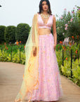 Pink Multi Sequins Blouse With Pink Multi Sequins Skirt And Yellow Scallop Dupatta - indian dress for women
