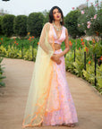 Pink Multi Sequins Blouse With Pink Multi Sequins Skirt And Yellow Scallop Dupatta - indian dress for women