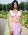 Pink Multi Sequins Blouse With Pink Multi Sequins Skirt And Yellow Scallop Dupatta - indian dress for women