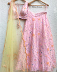 Pink Multi Sequins Blouse With Pink Multi Sequins Skirt And Yellow Scallop Dupatta - indian dress for women
