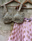 Powder Pink Ruffle Lehenga Set With Mirror Bustier - ruffle lehenga