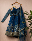Prussian Blue And Gold Lehenga Set - mirror work lehenga