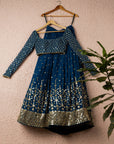 Prussian Blue And Gold Lehenga Set - mirror work lehenga