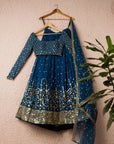 Prussian Blue And Gold Lehenga Set - mirror work lehenga