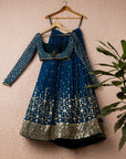 Prussian Blue And Gold Lehenga Set - mirror work lehenga