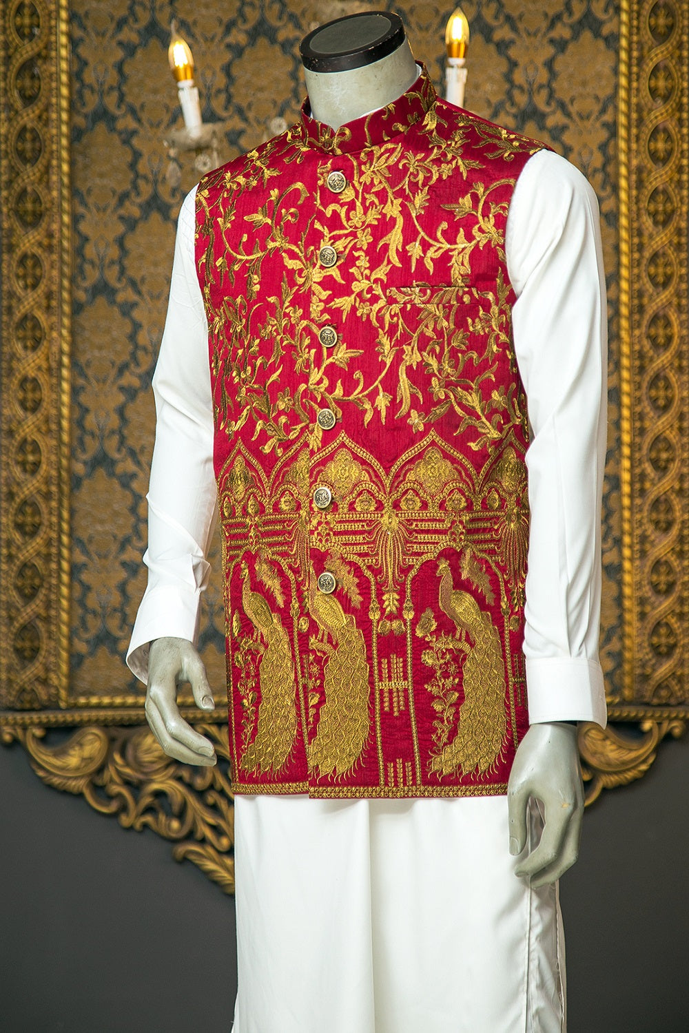Radish Maroon Waistcoat With Copper Tilla Embroidery - waistcoat for men