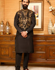 Raven Black Kurta Pajama And Waistcoat - indian attire for men