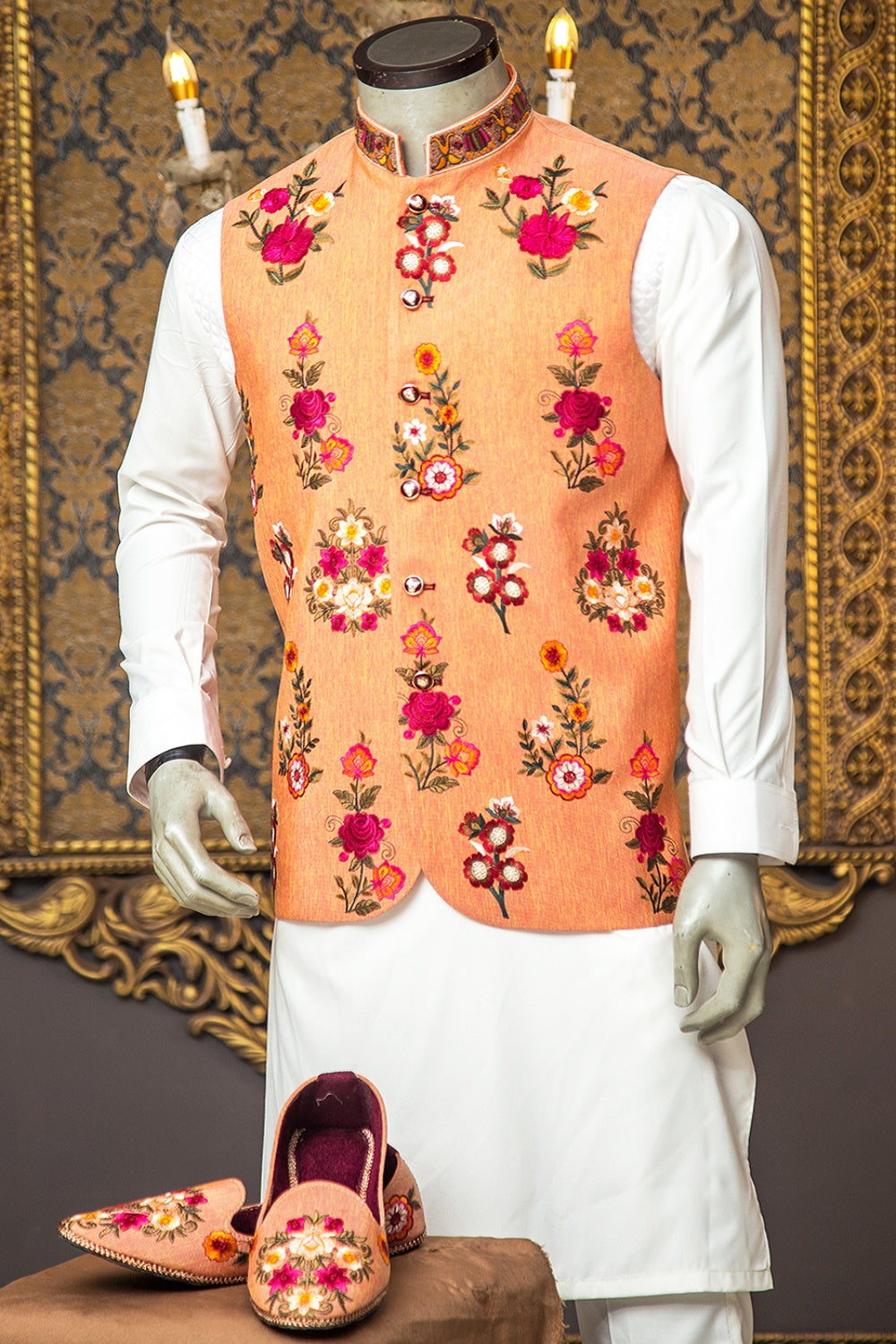 Raw Silk Waistcoat With Resham Embroidery Work - waistcoat for men