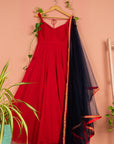 Red Anarkali With Navy Blue Dupatta - red dress