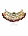 Red Beads with Green Meena Kari Necklace Set - indian jewelry