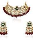 Red Beads with Green Meena Kari Necklace Set - indian jewelry