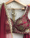 Red Crimson Mirror Bridal Lehenga Set With Sleeves - bridal lehenga