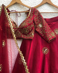 Red Crimson Mirror Bridal Lehenga Set With Sleeves - bridal lehenga