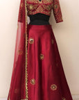 Red Crimson Mirror Bridal Lehenga Set With Sleeves - bridal lehenga
