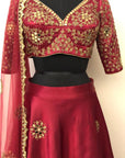 Red Crimson Mirror Bridal Lehenga Set With Sleeves - bridal lehenga