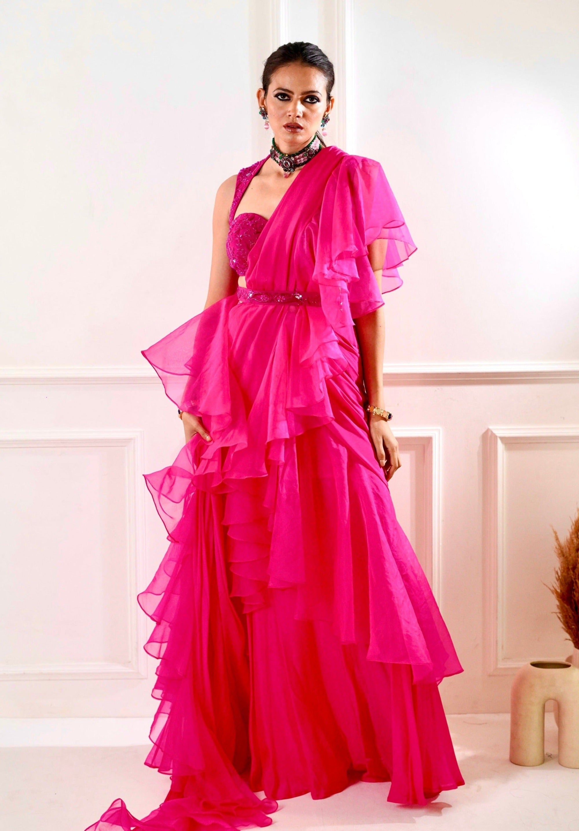 ROSIE Pink Ruffle Saree - indian saari