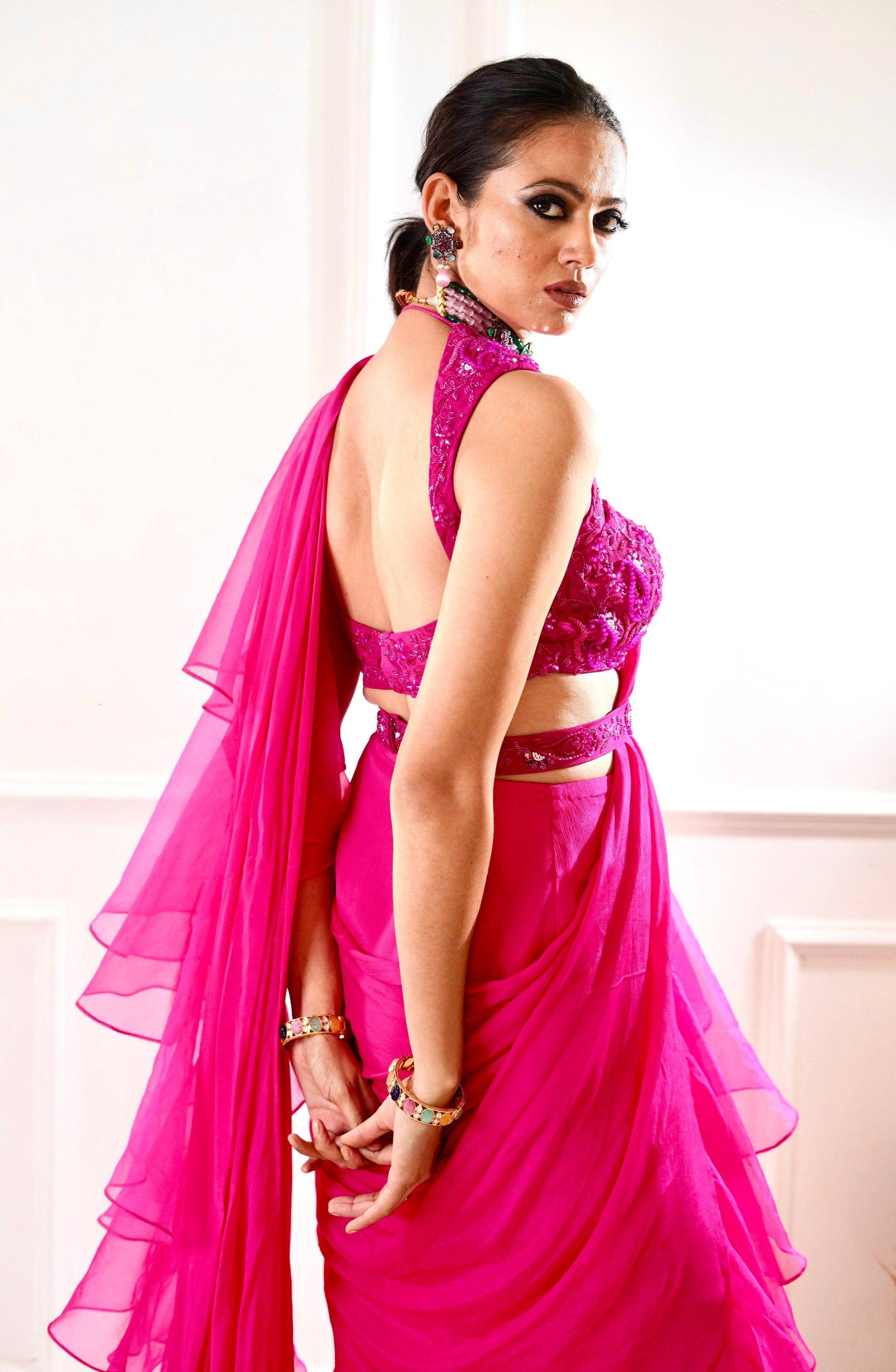 ROSIE Pink Ruffle Saree - indian saari