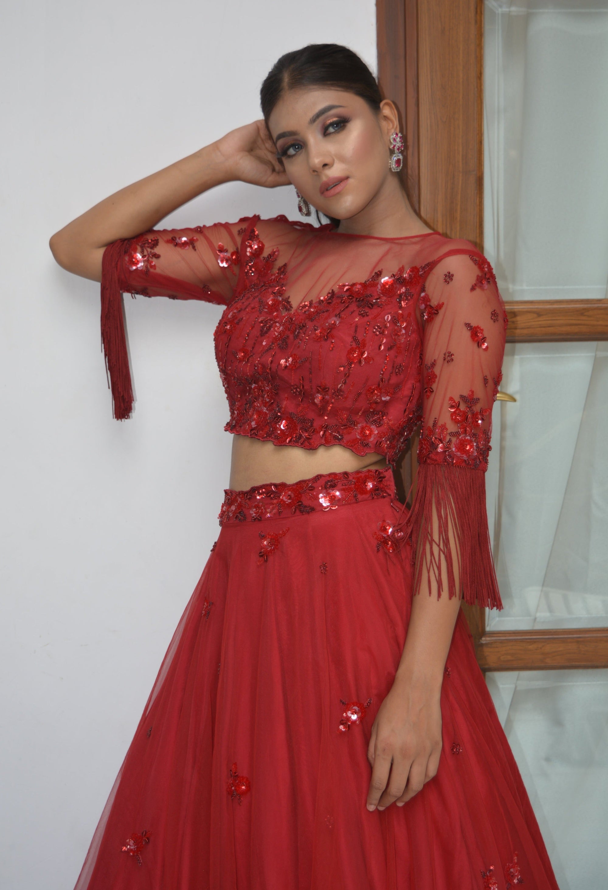 Ruby Tone On Tone Lehenga Set - red lehenga