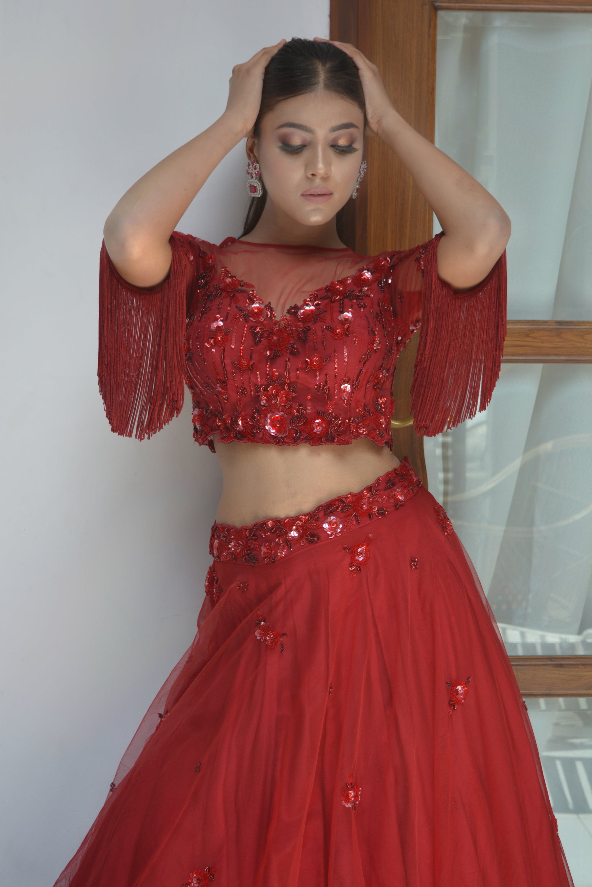 Ruby Tone On Tone Lehenga Set - red lehenga