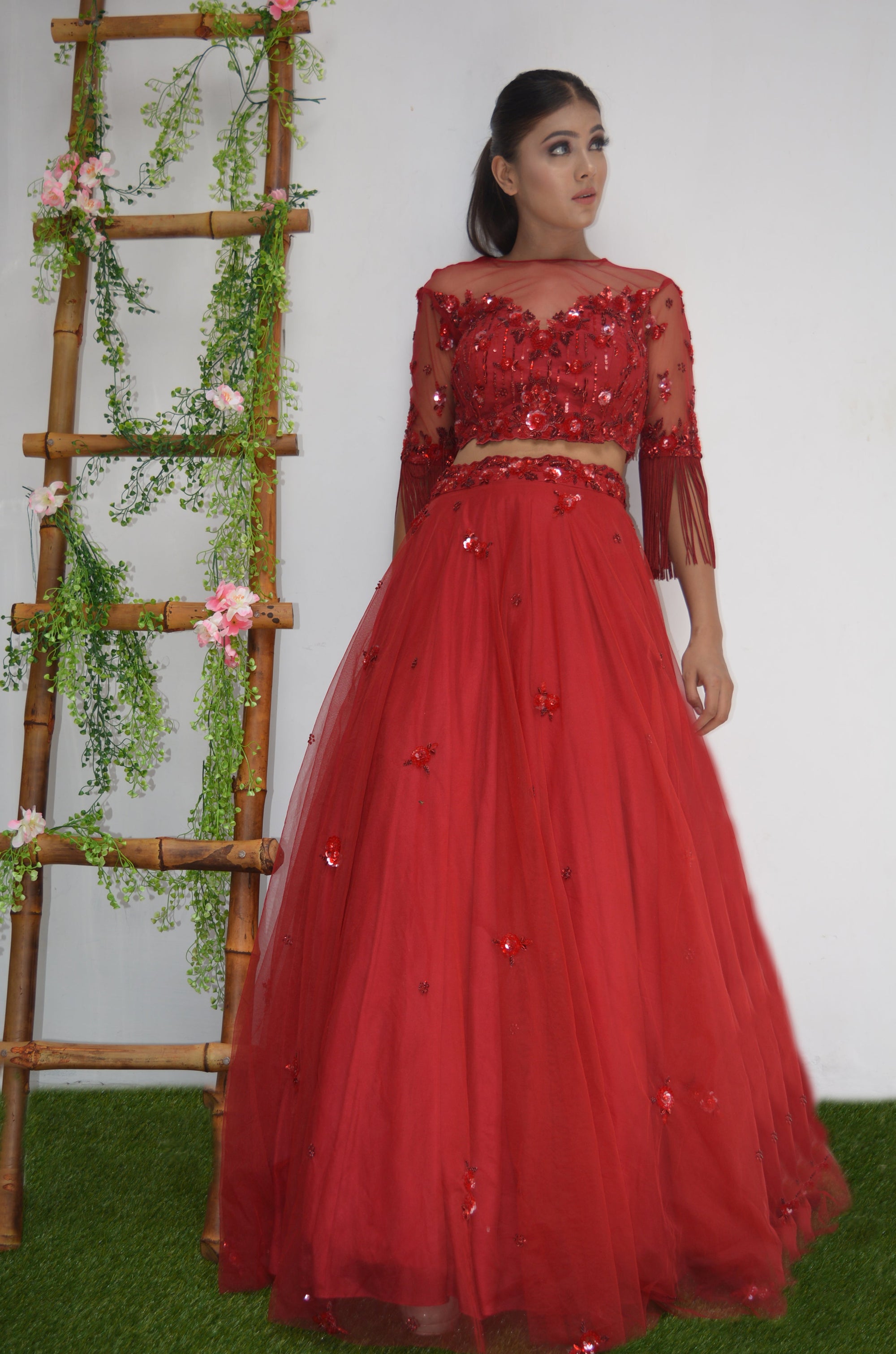 Ruby Tone On Tone Lehenga Set - red lehenga