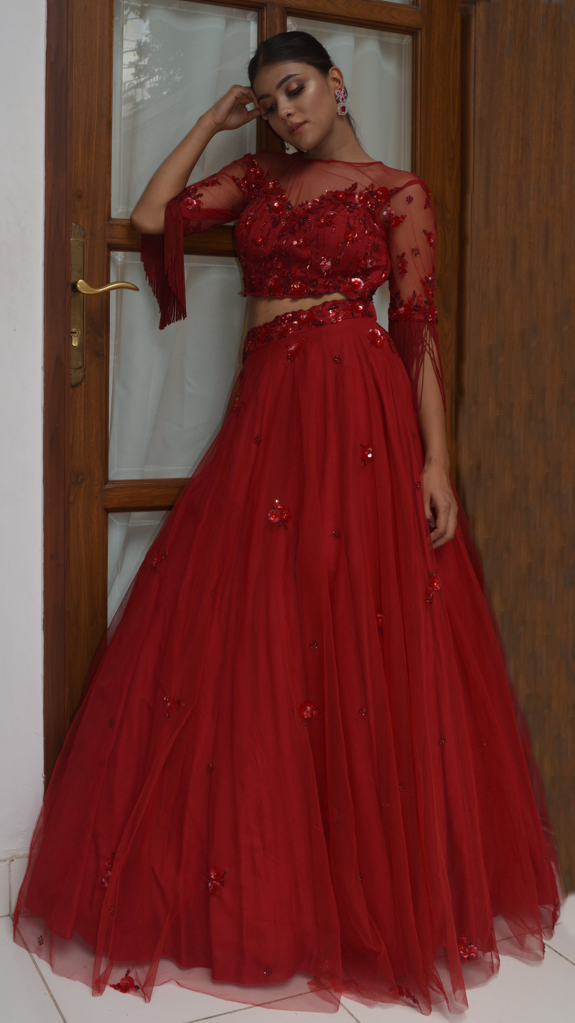 Ruby Tone On Tone Lehenga Set - red lehenga