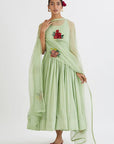 Sage Green Anarkali with Kesar Dupatta - sage green anarkali