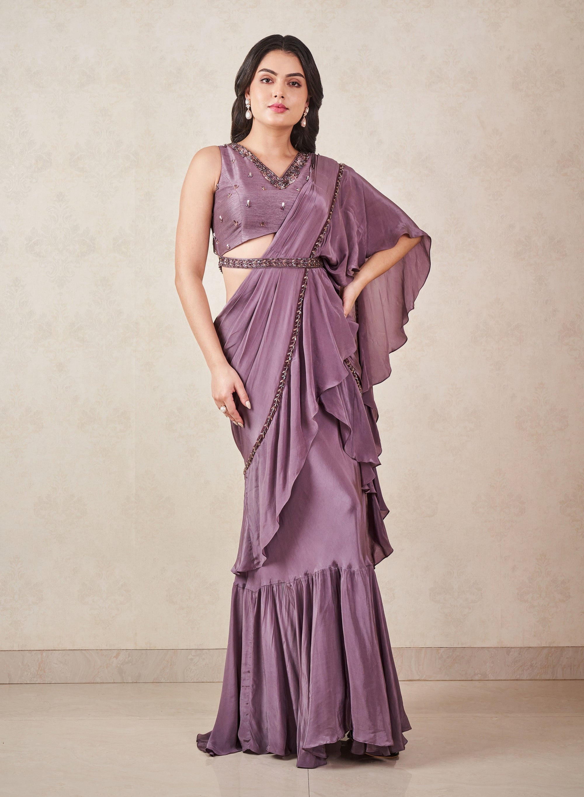 Ash Grey Pre Draped Ruffle Saree - draped saree Canada