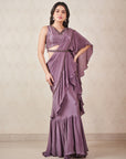 Ash Grey Pre Draped Ruffle Saree - draped saree Canada