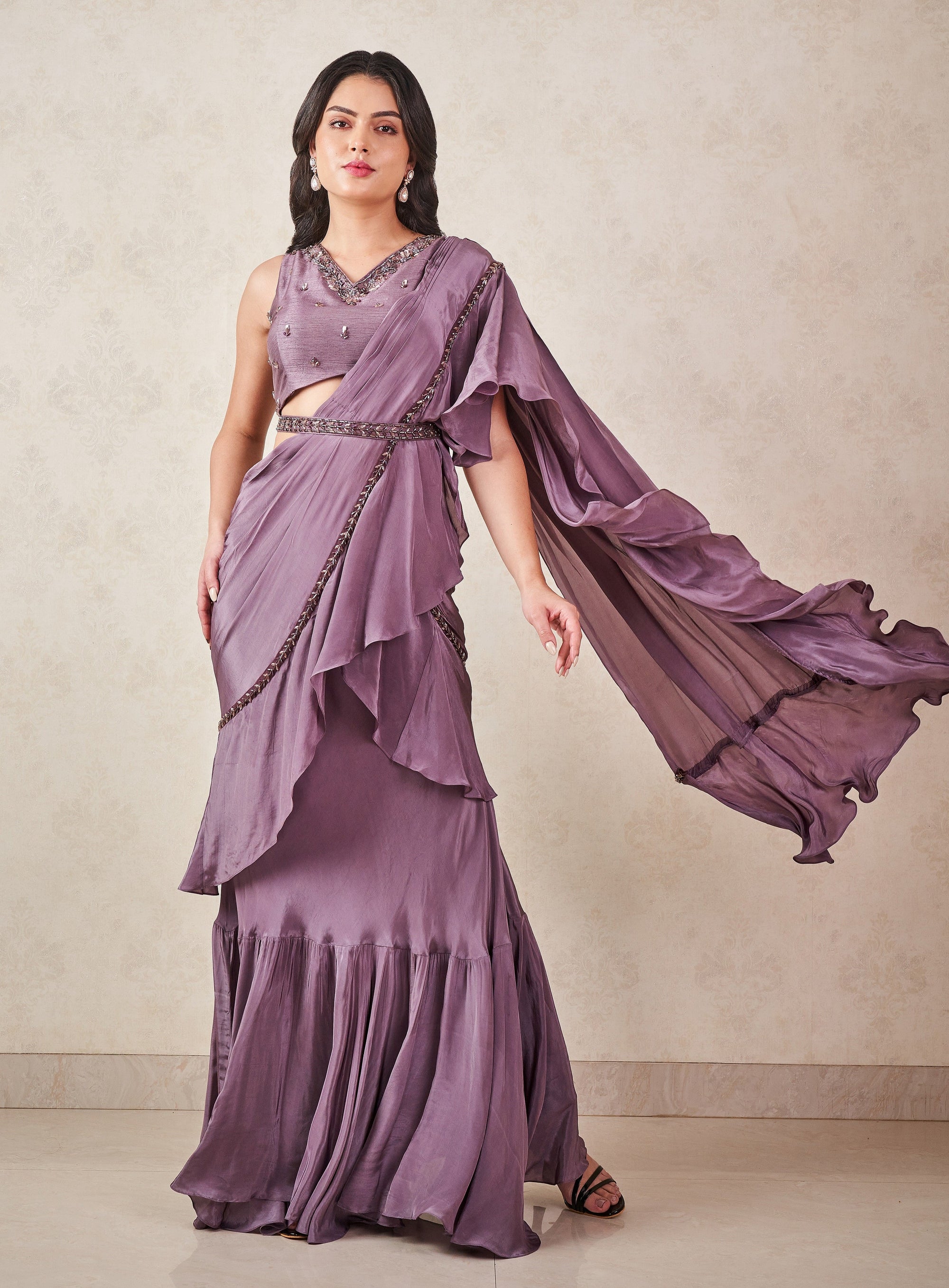 Ash Grey Pre Draped Ruffle Saree - draped saree Canada