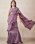 Ash Grey Pre Draped Ruffle Saree - draped saree Canada