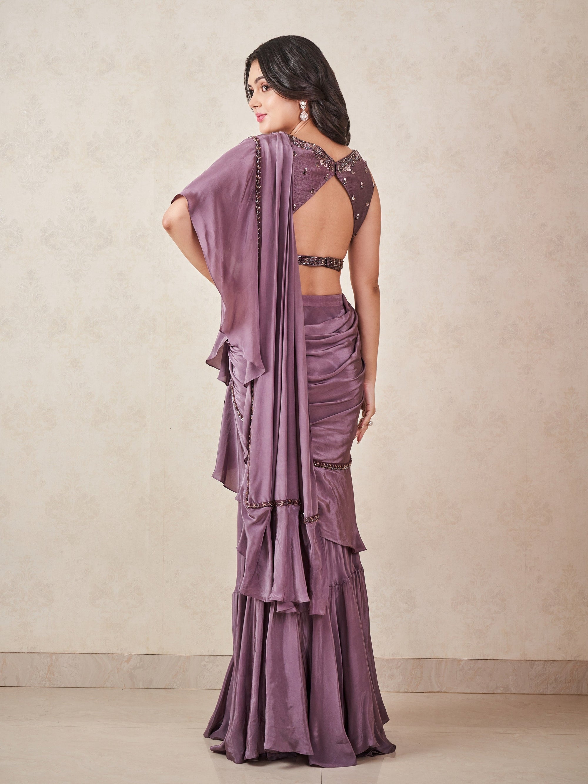Ash Grey Pre Draped Ruffle Saree - draped saree Canada