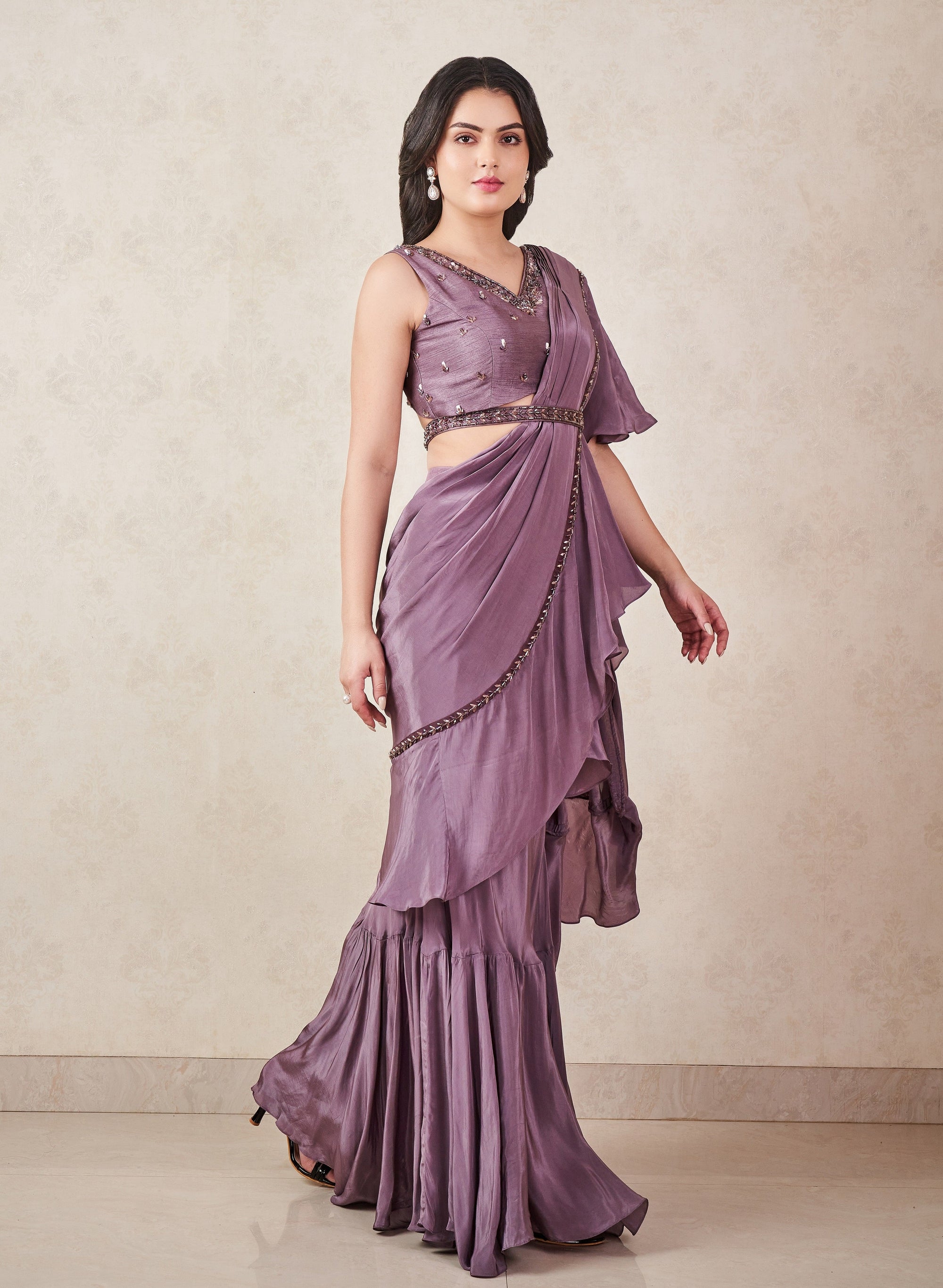 Ash Grey Pre Draped Ruffle Saree - draped saree Canada