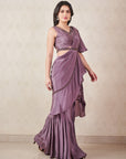 Ash Grey Pre Draped Ruffle Saree - draped saree Canada