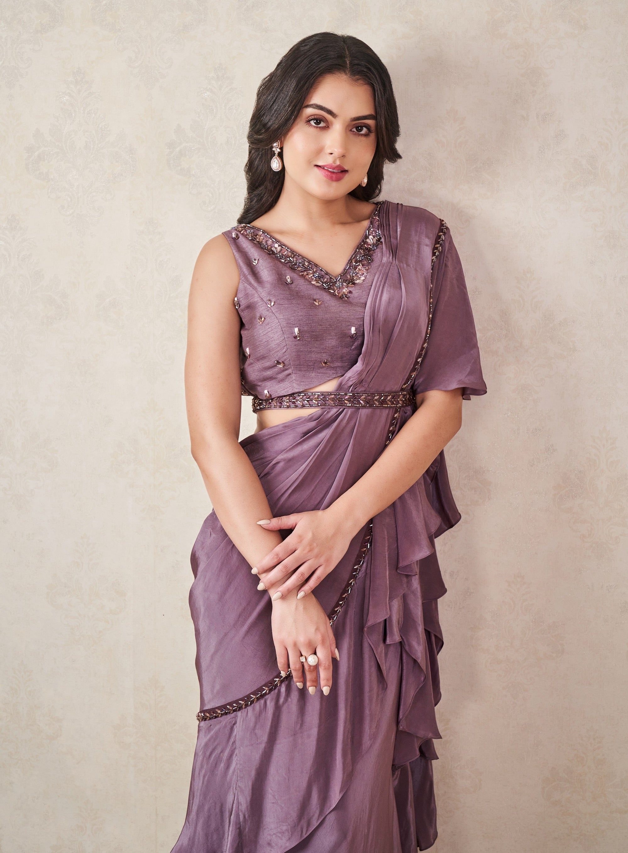 Ash Grey Pre Draped Ruffle Saree - draped saree Canada