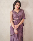 Ash Grey Pre Draped Ruffle Saree - draped saree Canada