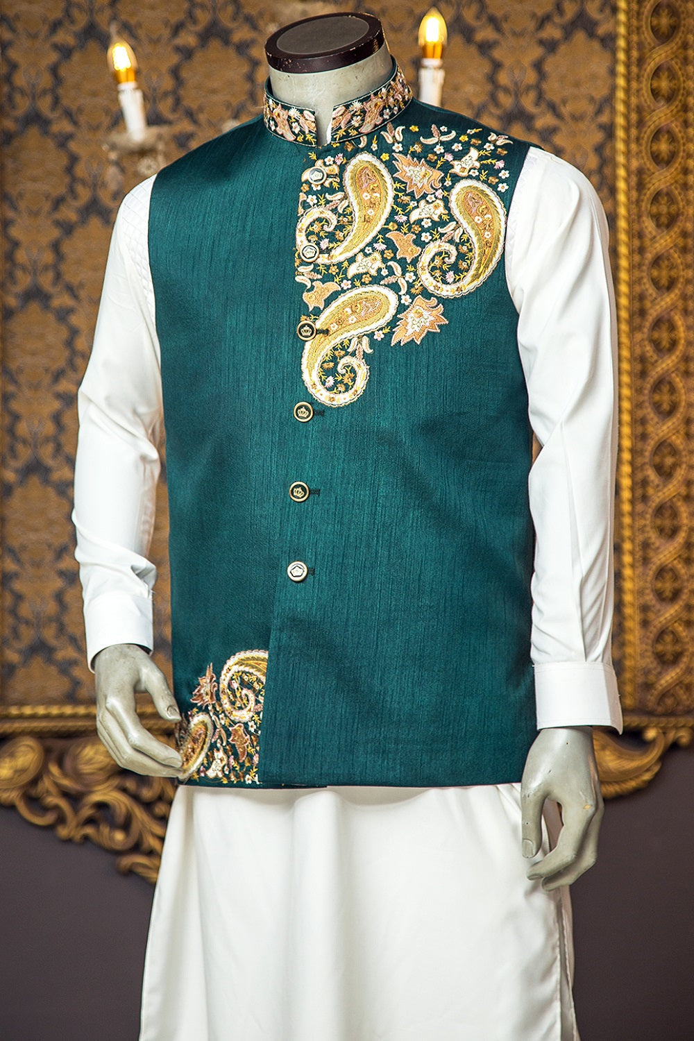 Seagreen Raw Silk Fabric With Paisley Resham Embroidery - indian attire for men