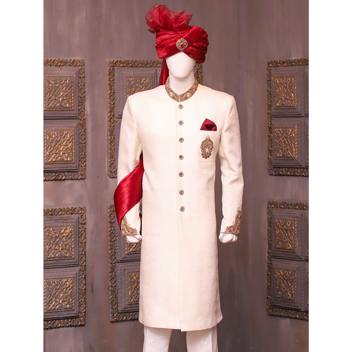 Self Jamawar Groom Sherwani With Front Motive - sherwani
