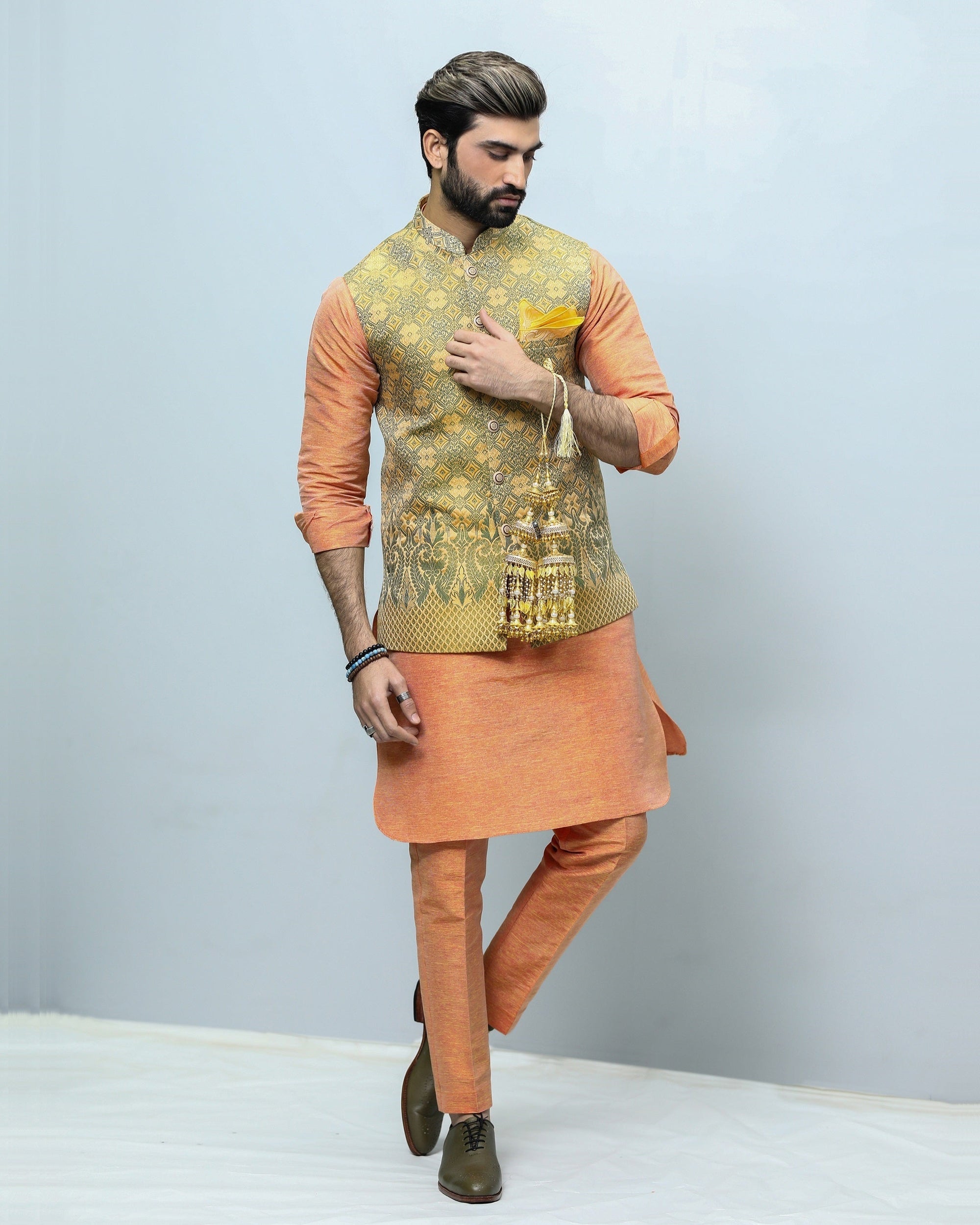 Self Jamawar Mehndi Waistcoat - waistcoat for men