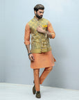 Self Jamawar Mehndi Waistcoat - waistcoat for men