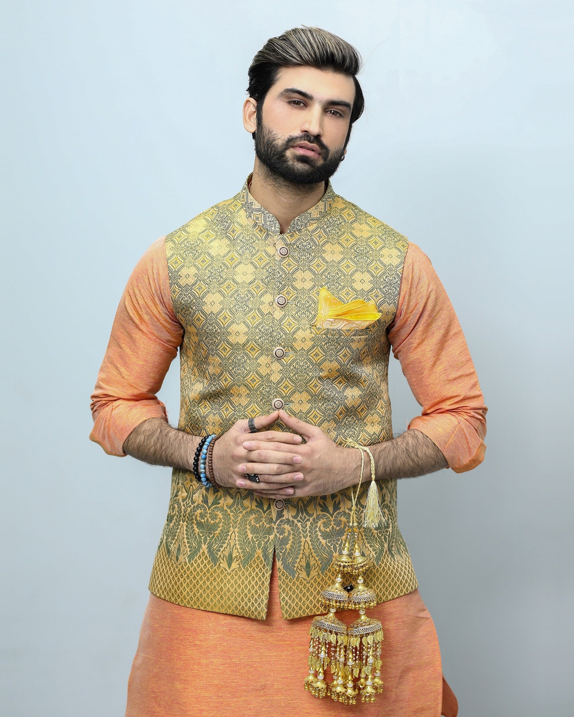 Self Jamawar Mehndi Waistcoat - waistcoat for men