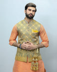 Self Jamawar Mehndi Waistcoat - waistcoat for men