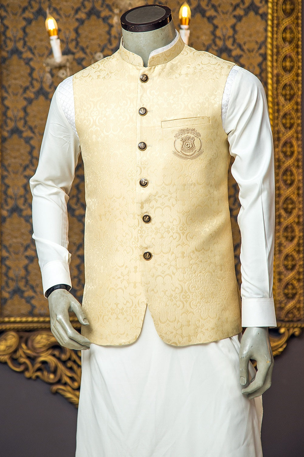 Self Jamawar Waistcoat With Resham Wok Logo - waistcoat