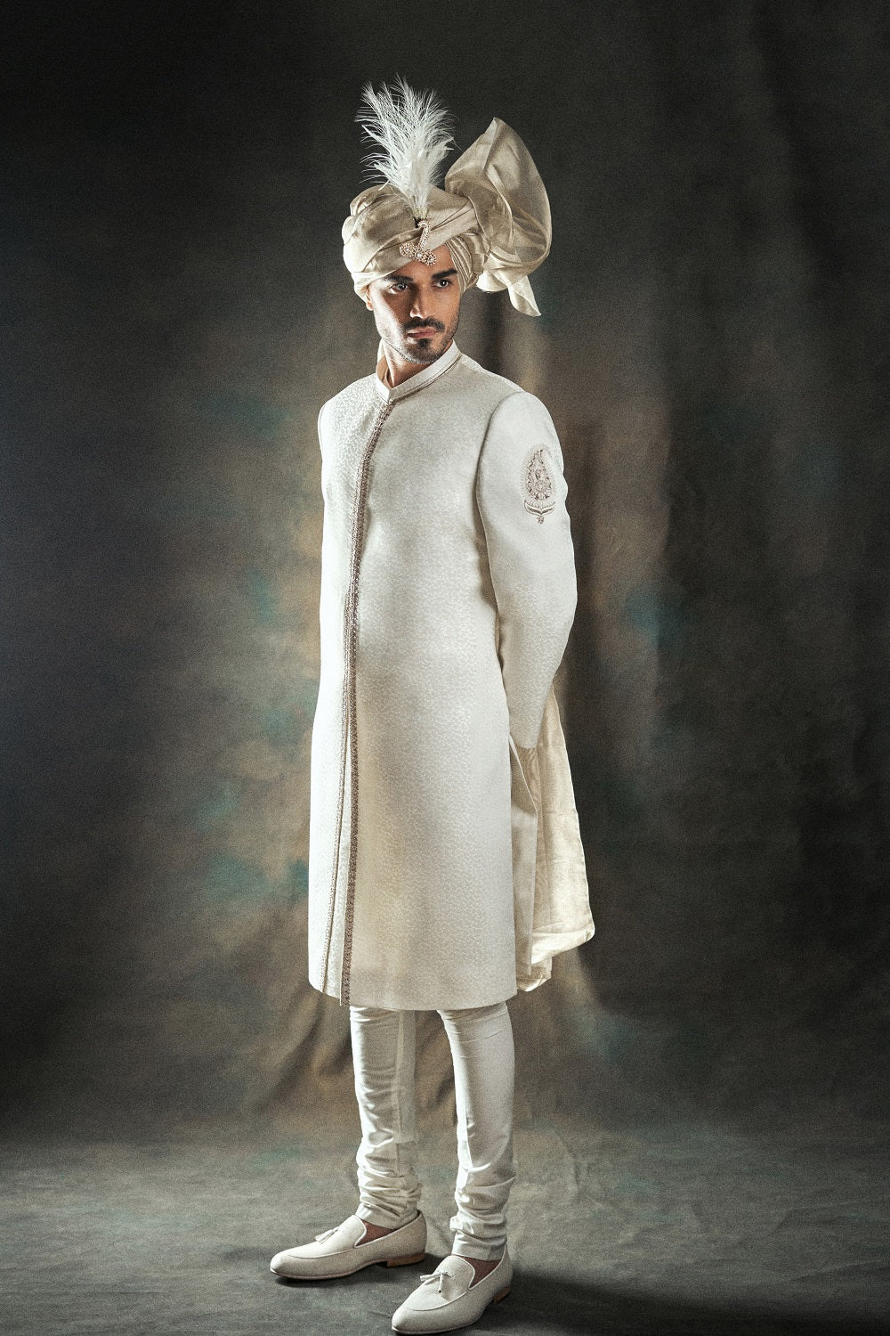 Self Weaved Off White Embroidered Sherwani - sherwnai for groom