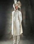 Self Weaved Off White Embroidered Sherwani - sherwnai for groom