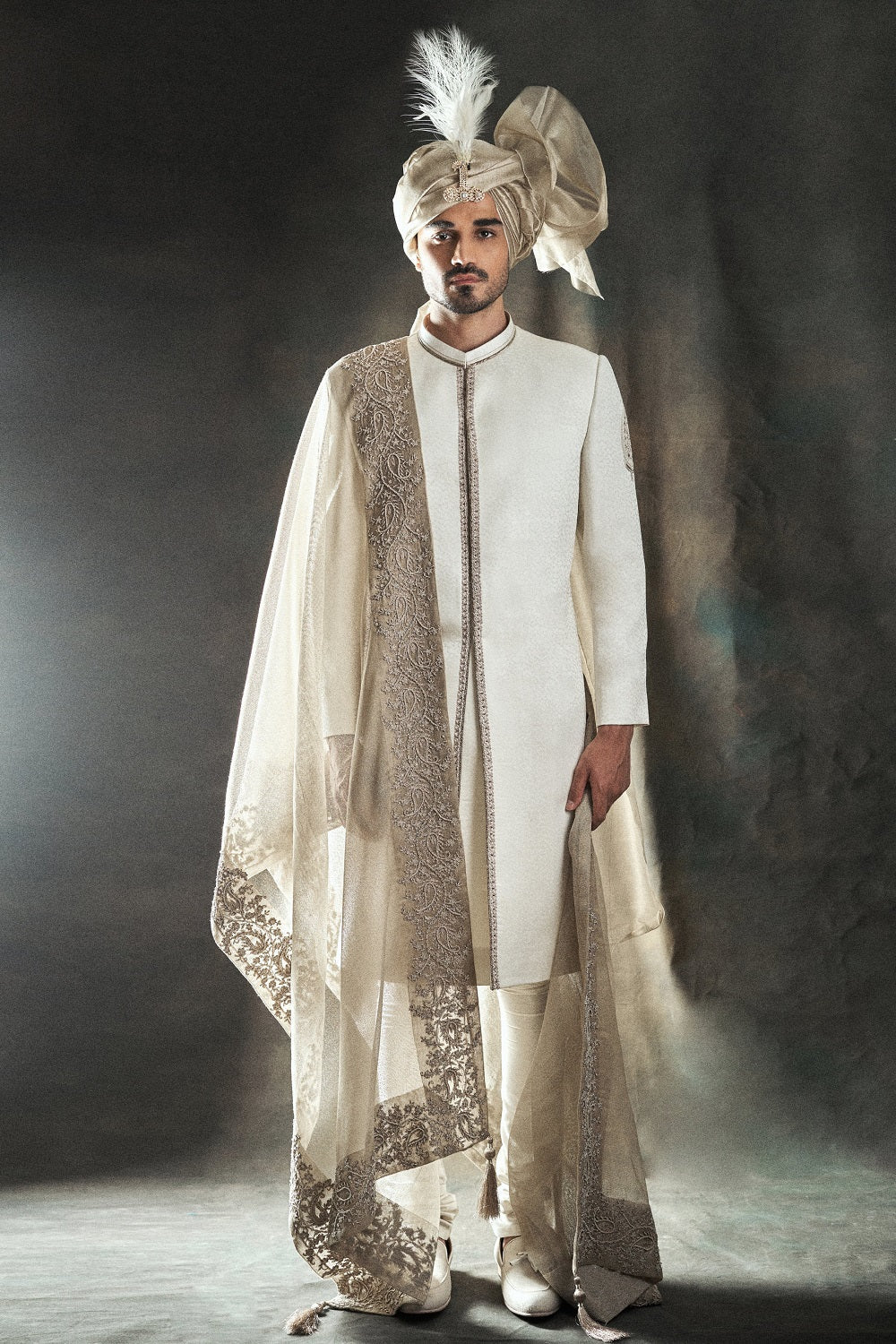 Self Weaved Off White Embroidered Sherwani - sherwnai for groom