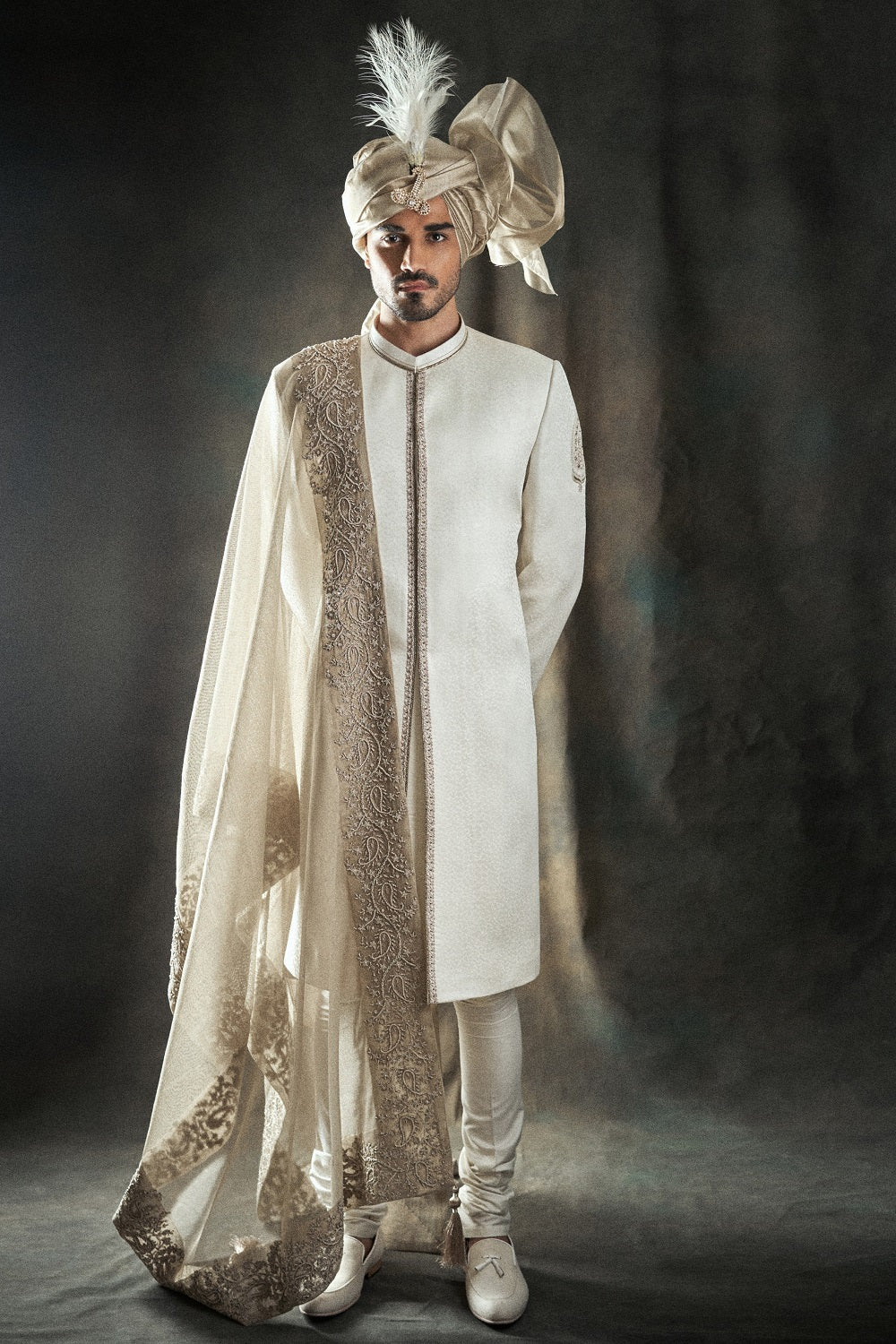 Self Weaved Off White Embroidered Sherwani - sherwnai for groom